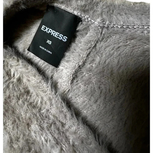 Express Womens Fuzzy Gray Oversized Sweater Soft Rhinestones V Neck Size XS - Picture 6 of 9